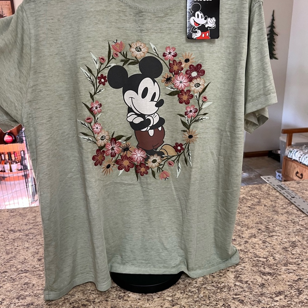 NWT Lucky Brand Mickey Mouse embroidered floral Wreath slub burnout Tee shirt